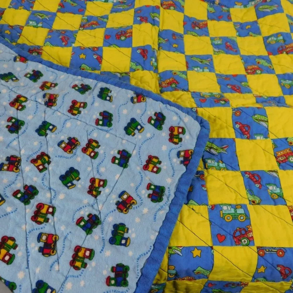 Quilt Baby Crib Blanket Trains Cars Airplanes Trucks Blue Yellow 36